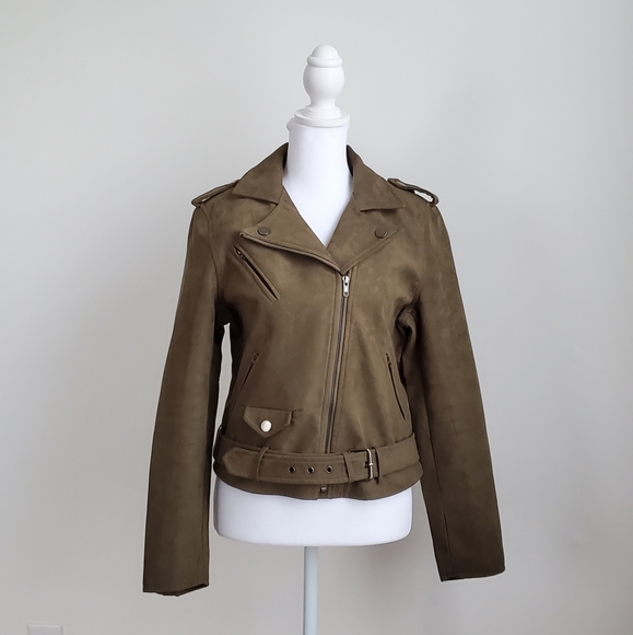 Boohoo Jackets & Blazers - Olive Green Boohoo Faux Leather Moto Jacket